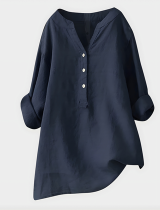 Veronique Elegant Cotton-Linen V-Neck Blouse