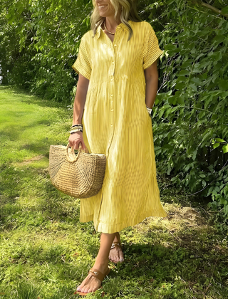Marina™ Elegant Striped Maxi Shirt Dress with Pockets