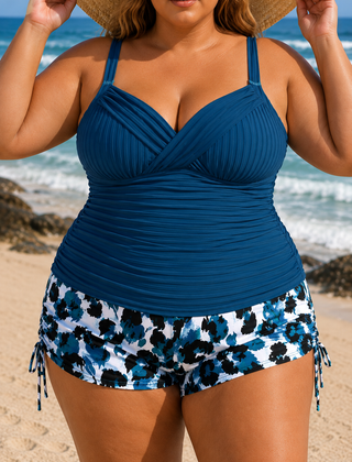 Luna | Plus Size Pleated Tankini Shorts Set