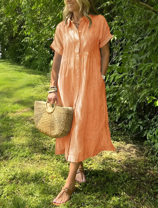 Marina™ Elegant Striped Maxi Shirt Dress with Pockets