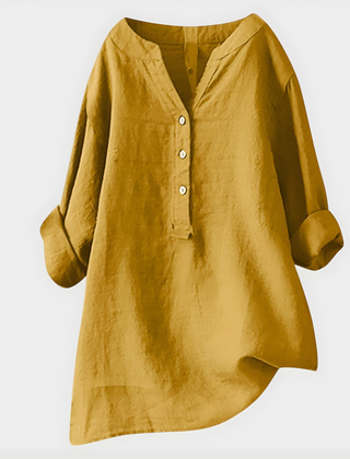 Veronique Elegant Cotton-Linen V-Neck Blouse