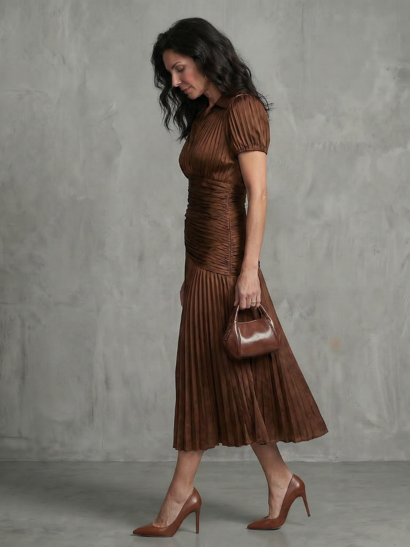 Theodora™ Pleated Waistline Stripe Midi Dress