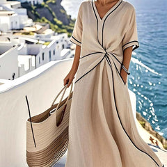 Women's Summer Dress | Twist Front Maxi V-Neck Trim