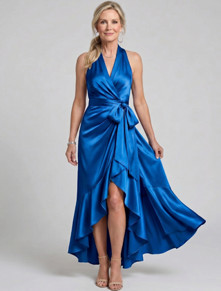 Honora™ Halter Neck Wrap Asymmetric Hem Midi Dress