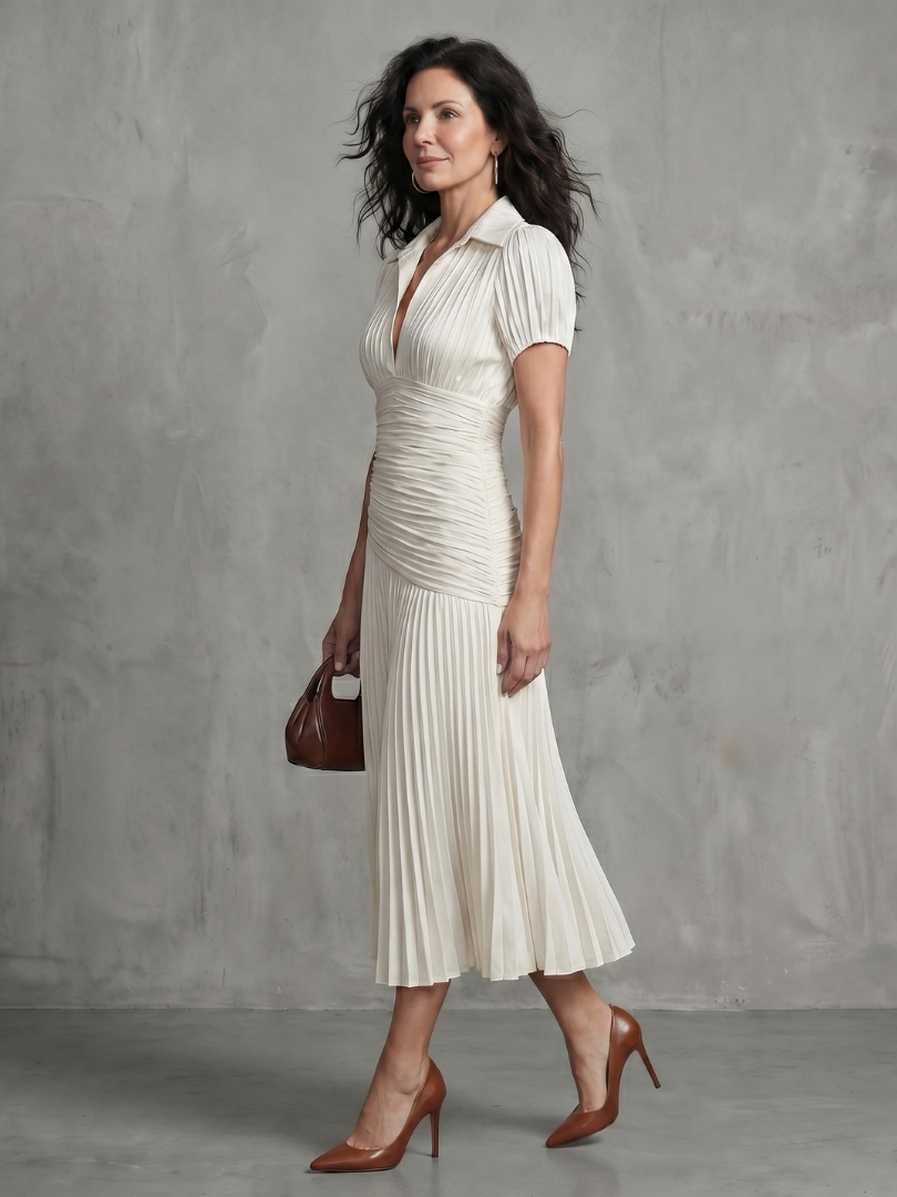 Theodora™ Pleated Waistline Stripe Midi Dress