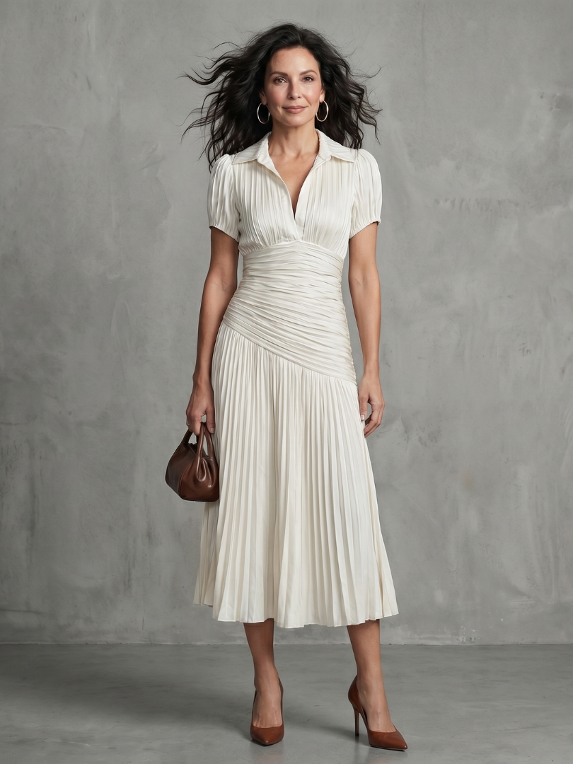 Theodora™ Pleated Waistline Stripe Midi Dress