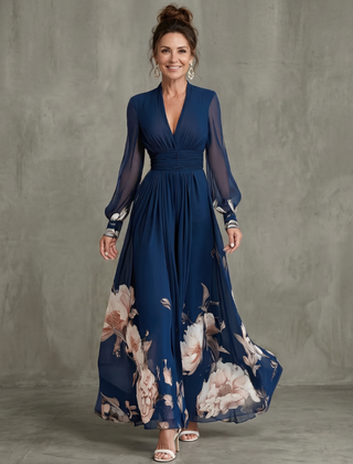 Ziva™ Pleated Sheer Sleeves Maxi Dress