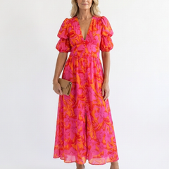 Willow™ Floral V Neck Puff Sleeve Midi Dress