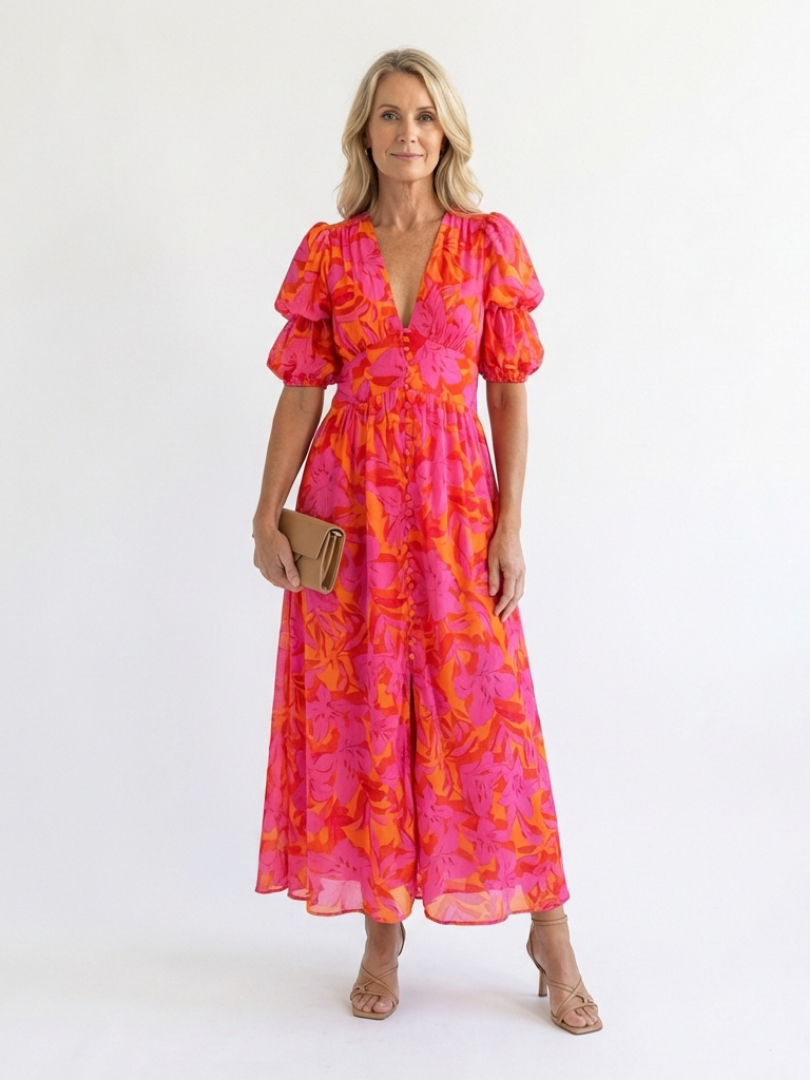 Willow™ Floral V Neck Puff Sleeve Midi Dress