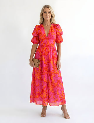 Samara | Floral V-Neck Puff Sleeve Midi Dress