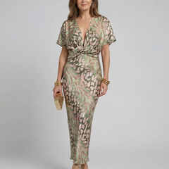 Coralie™ Abstract Print V Neck Twist Waist Midi Dress