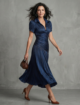 Theodora™ Pleated Waistline Stripe Midi Dress