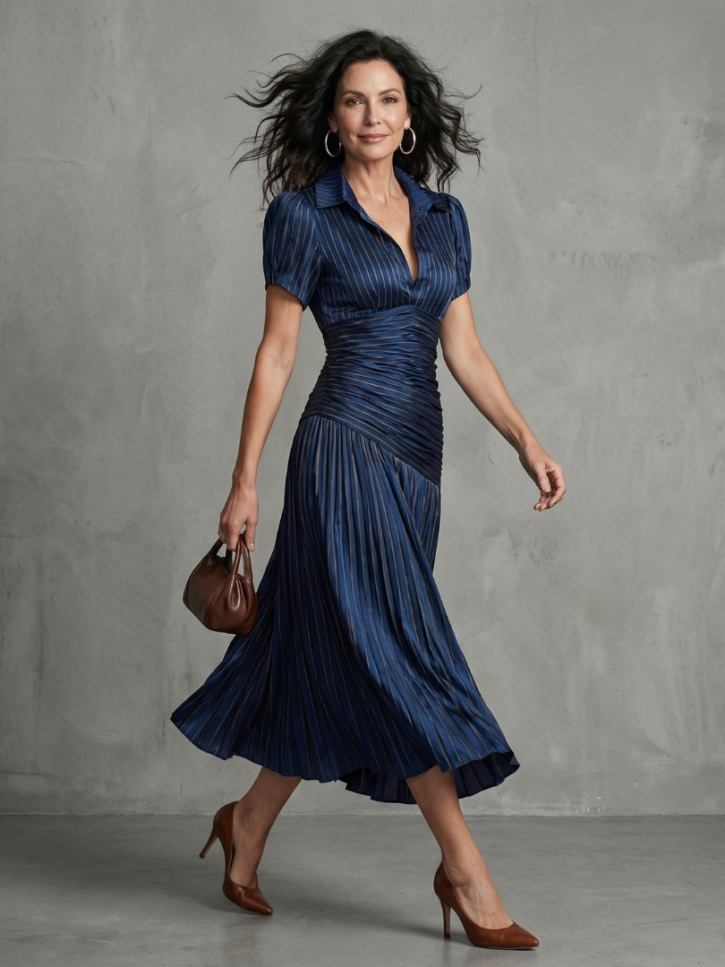 Theodora™ Pleated Waistline Stripe Midi Dress
