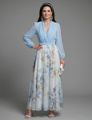 Augusta™ V Neck Sheer Bodice Floral Maxi Dress