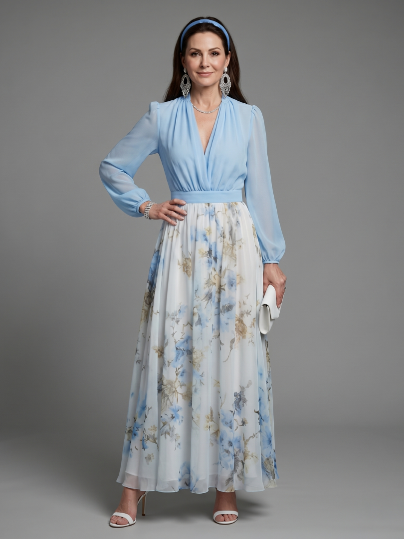 Augusta™ V Neck Sheer Bodice Floral Maxi Dress