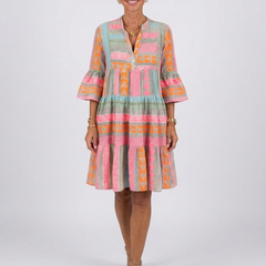 Maelle™ Geometric Print V Neck Tiered Knee Length Dress