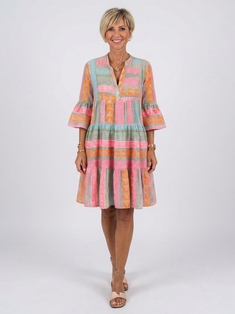 Maelle™ Geometric Print V Neck Tiered Knee Length Dress