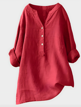 Veronique Elegant Cotton-Linen V-Neck Blouse