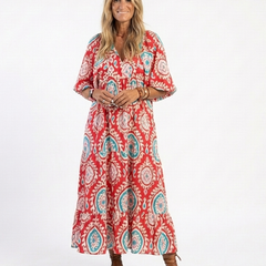 Zaria™ Paisley Print V Neck Short Sleeve Midi Dress