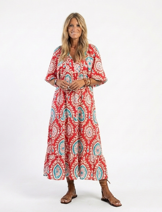 Zaria™ Paisley Print V Neck Short Sleeve Midi Dress