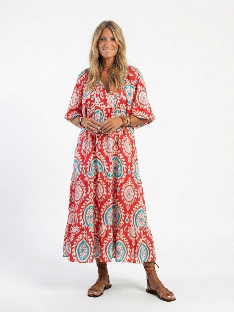 Zaria™ Paisley Print V Neck Short Sleeve Midi Dress