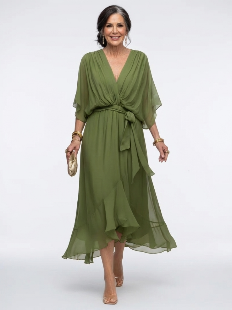 Elysia™ V Neck Draped Waist Tie Midi Dress