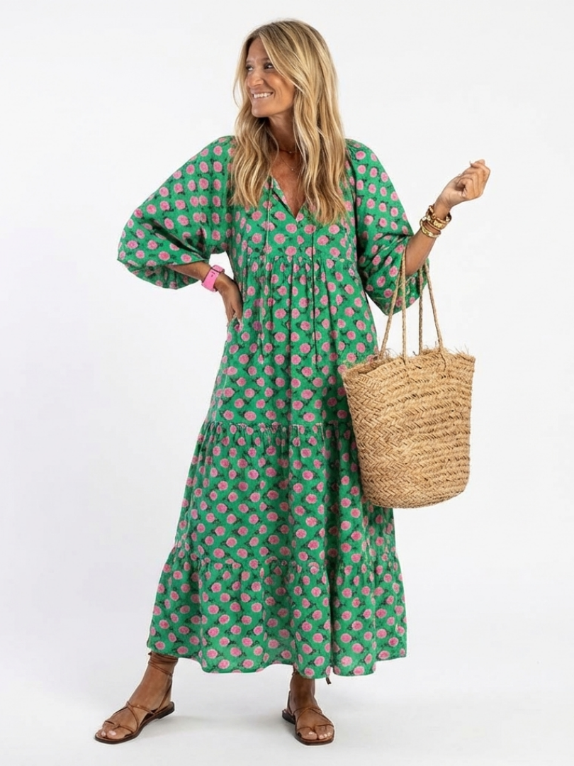 Fiora™ Floral Print V Neck Tiered Midi Dress
