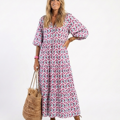 Mireya™ Geometric Print Long Sleeve Tiered Midi Dress