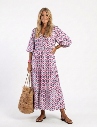 Mireya™ Geometric Print Long Sleeve Tiered Midi Dress