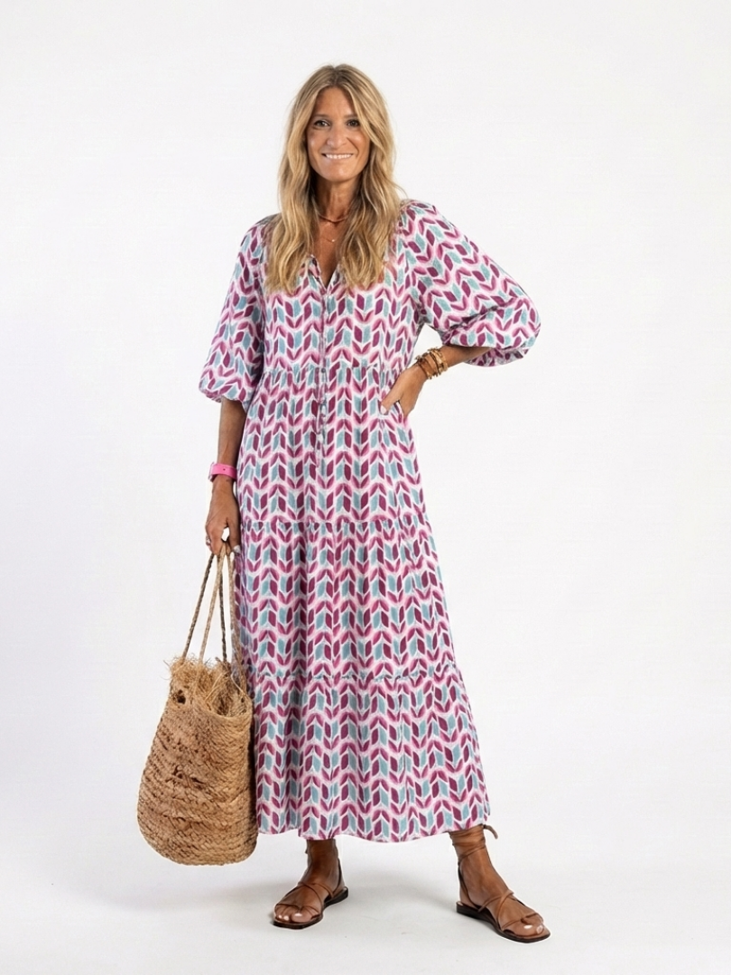 Mireya™ Geometric Print Long Sleeve Tiered Midi Dress