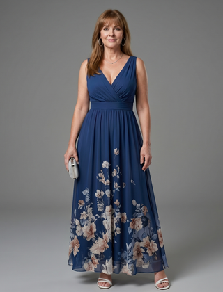 Clarissa™ Sleeveless V Neck Soft Floral Hem Midi Dress