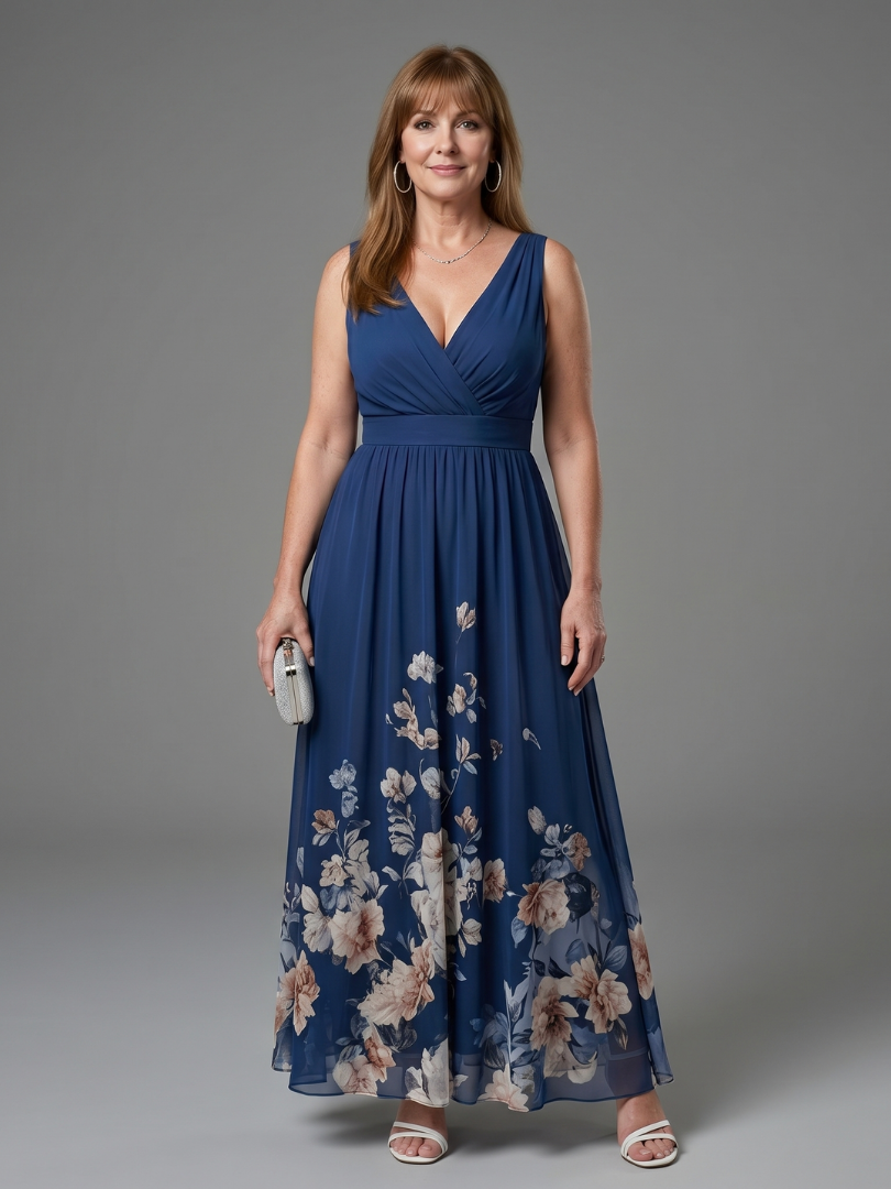 Clarissa™ Sleeveless V Neck Soft Floral Hem Midi Dress