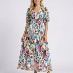 Eulalie™ V Neck Short Sleeve Gathered Waist Midi Dress