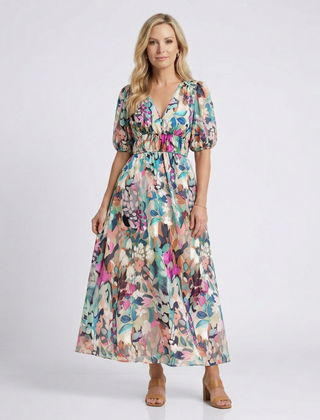 Eulalie™ V Neck Short Sleeve Gathered Waist Midi Dress