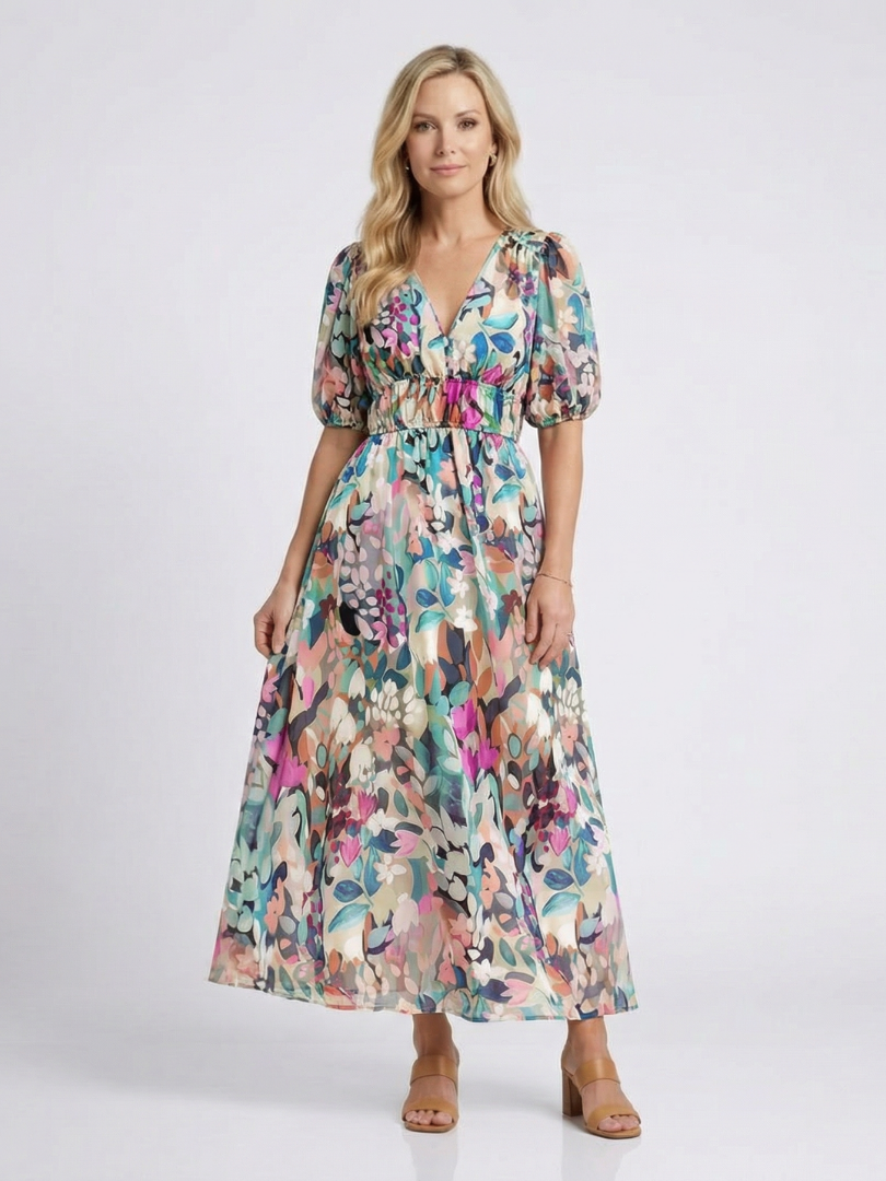 Eulalie™ V Neck Short Sleeve Gathered Waist Midi Dress