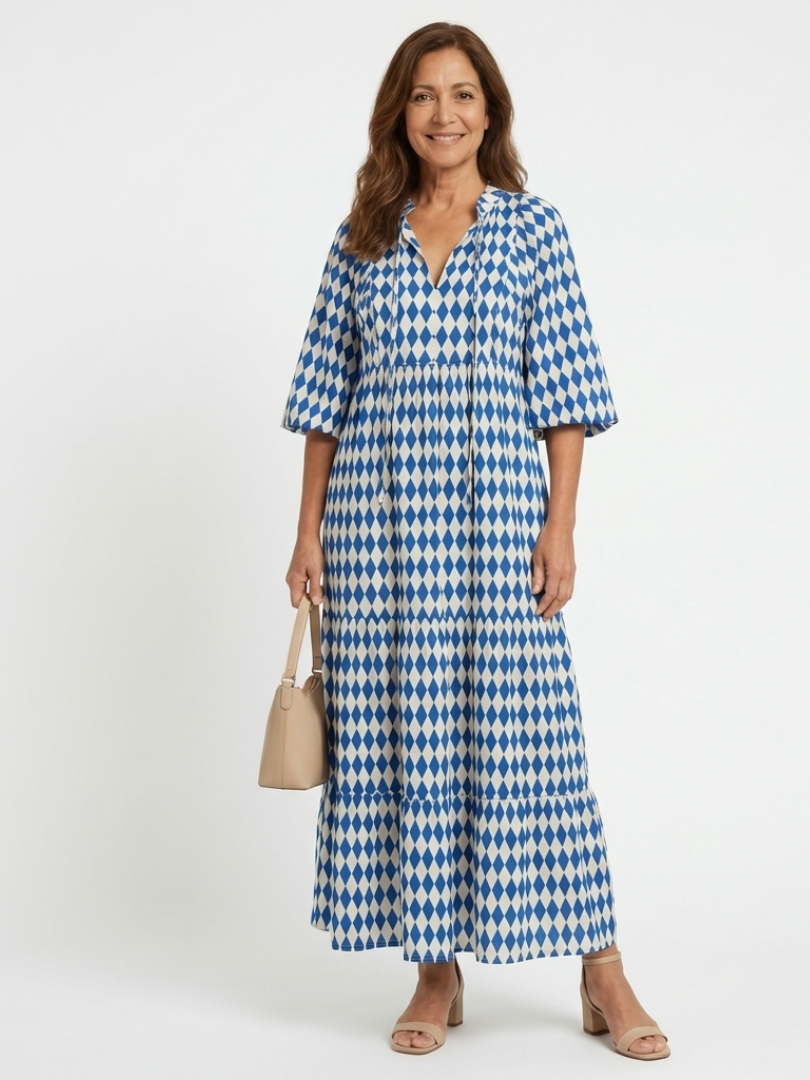 Elodie™ Diamond Print Tiered Midi Dress