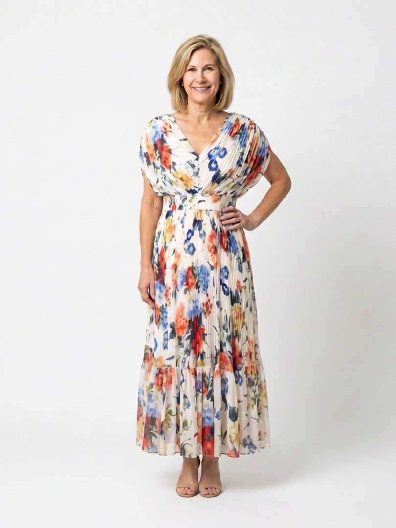 Savannah™ Short Sleeve Pleated Floral Midi Dress