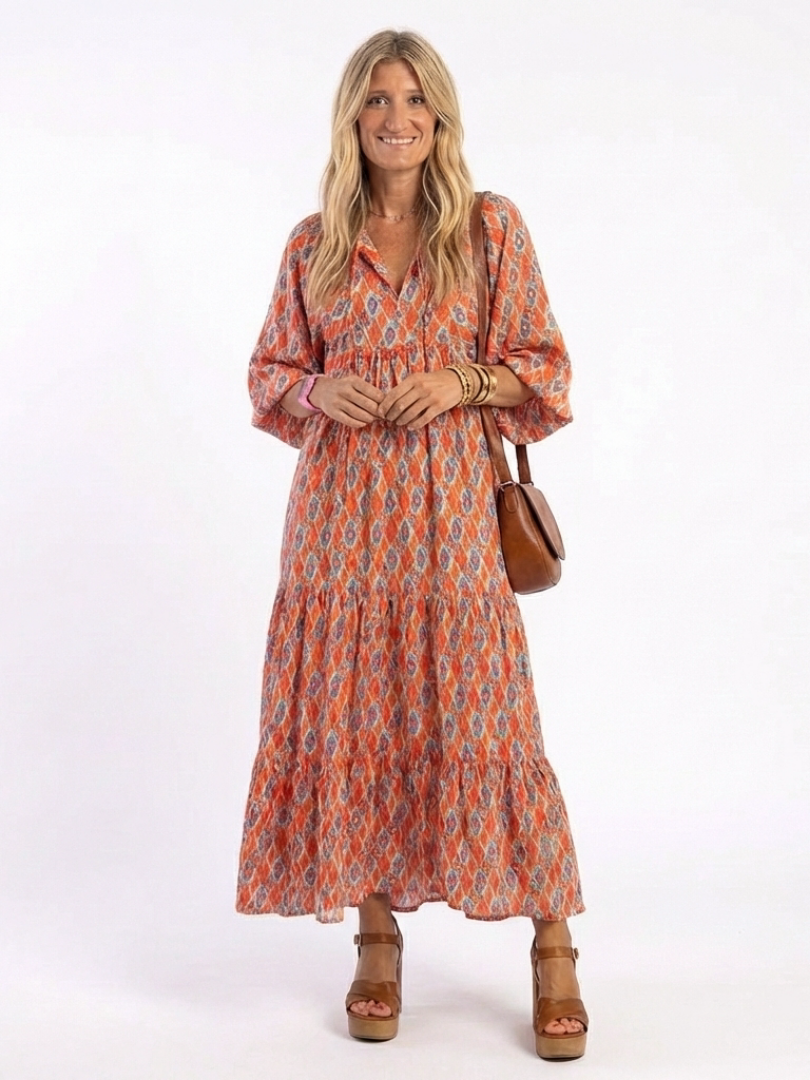 Amara™ Geometric Print V Neck Tiered Midi Dress