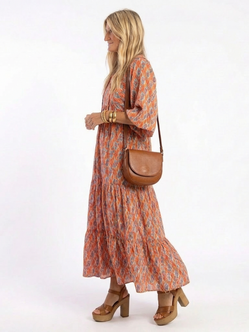 Amara™ Geometric Print V Neck Tiered Midi Dress