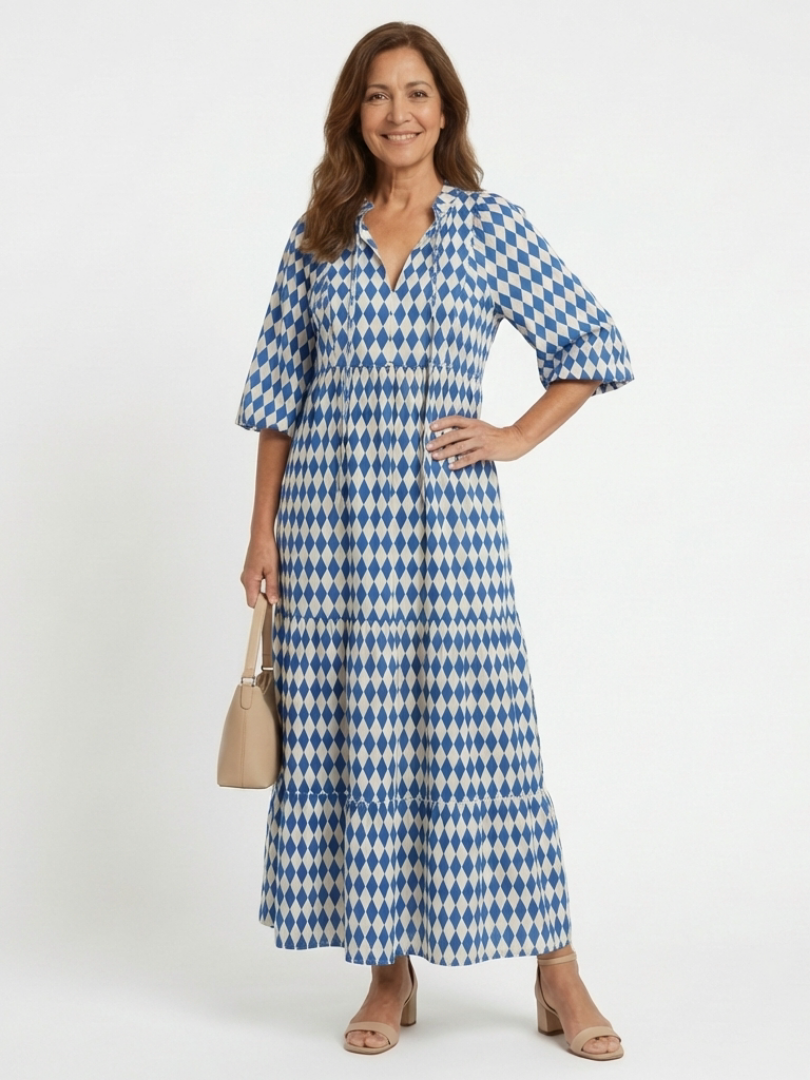 Elodie™ Diamond Print Tiered Midi Dress