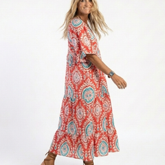 Zaria™ Paisley Print V Neck Short Sleeve Midi Dress