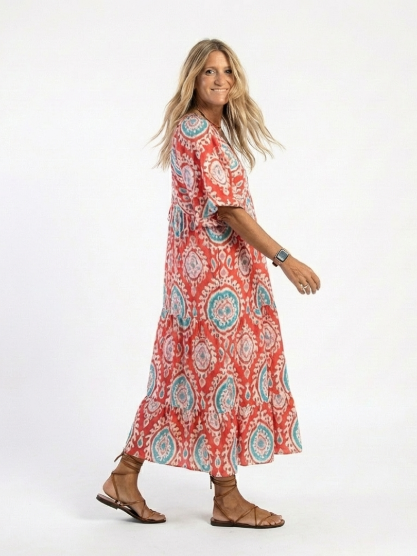 Zaria™ Paisley Print V Neck Short Sleeve Midi Dress