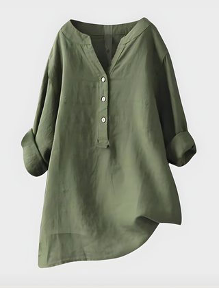Veronique Elegant Cotton-Linen V-Neck Blouse