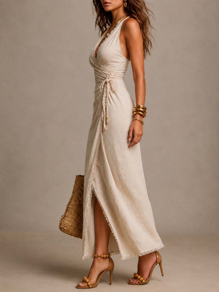 Noémie™ Crossover Midi Dress with Ruffle Trim