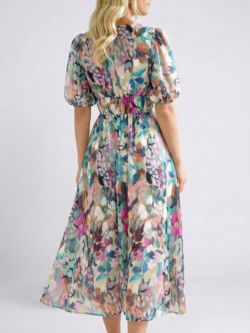 Eulalie™ V Neck Short Sleeve Gathered Waist Midi Dress