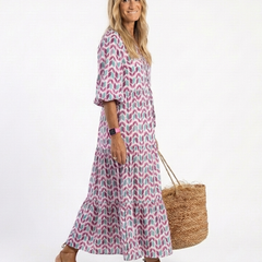 Mireya™ Geometric Print Long Sleeve Tiered Midi Dress