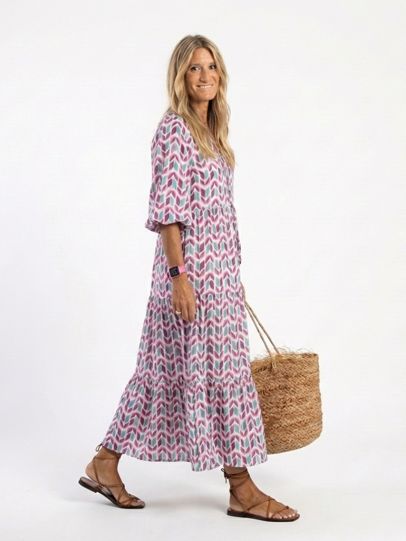 Mireya™ Geometric Print Long Sleeve Tiered Midi Dress