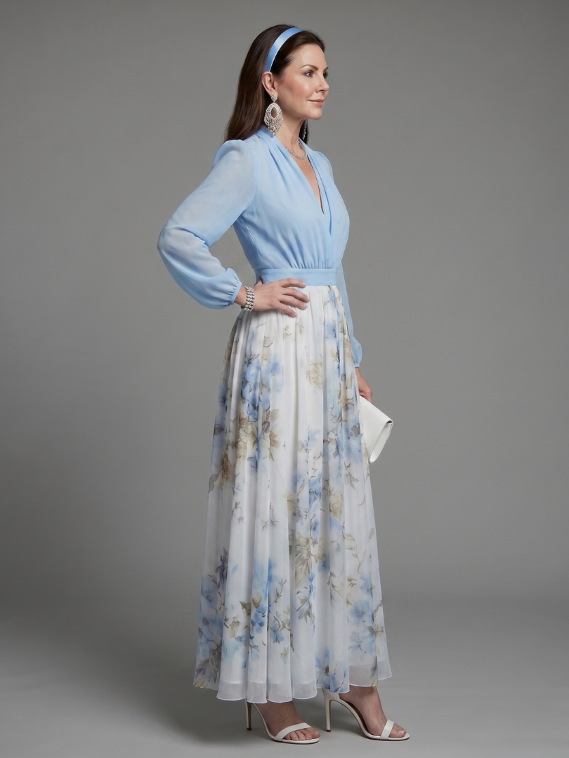 Augusta™ V Neck Sheer Bodice Floral Maxi Dress
