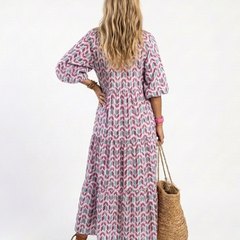 Mireya™ Geometric Print Long Sleeve Tiered Midi Dress