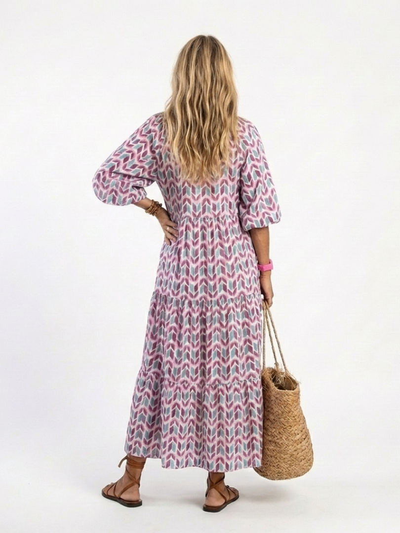 Mireya™ Geometric Print Long Sleeve Tiered Midi Dress